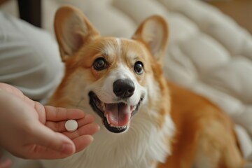 сorgi sick dog recieving a medication in a pill, hand with a pill and a dog. owner giving a pill to 