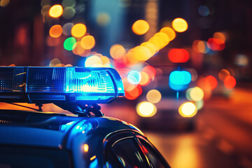 Close-up of blue police car lights at night. A detailed view of emergency vehicle lights with blurred city background in the evening