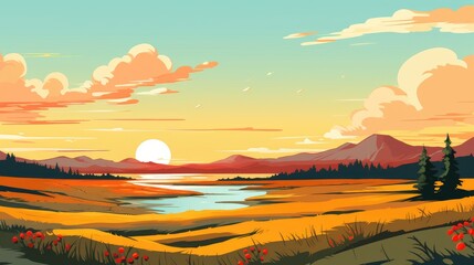 Wall Mural - a landscape of sunset over lake. landscape with a lake and mountains in the background. landscape of