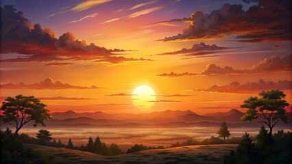 painting of beautiful sunset over a valley with distant mountains