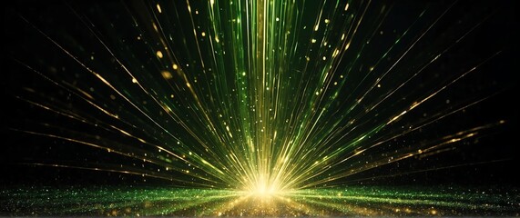 Wall Mural - burst of green rays of light abstract on dark golden sparkling backdrop with copy space from generat