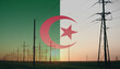 Algeria flag on electric pole background. Power shortage and increased energy consumption in Algeria. Energy development and energy crisis