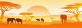 Fototapeta Dziecięca - Africa Safari Savanna landscape background banner  - silhouette of wild animals, trees, vehicle and sun, background . 