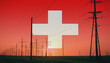 Switzerland flag on electric pole background. Power shortage and increased energy consumption in Switzerland. Energy development and energy crisis