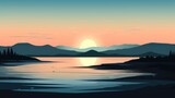Fototapeta  - beautiful view of sunset over lake wallpaper. A landscape of Sunset over lake. landscape with a lake and mountains in the background. landscape of mountain lake and forest with sunset in evening.