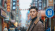 A dashing young man strolling through the bustling streets of Shanghai. He has a lean oval face