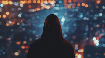  a anonymous faceless man in a hood on the roof of a night city with blurry lights