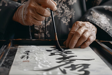 Wall Mural - a calligrapher's hands gracefully writing characters with a traditional brush and ink