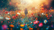 © Лариса Лазебная - A photo of a person walking through a field of wildflowers, their energy blending with the natural world and becoming one with the universe