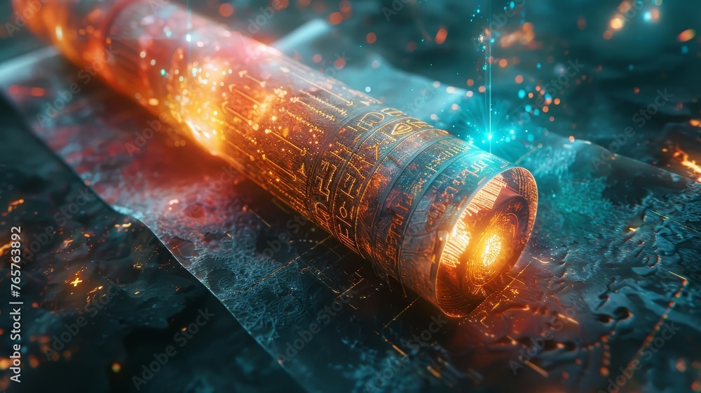 An enigmatic ancient scroll radiates with an inner glow, covered in ...