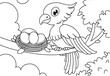 Coloring Pages Birds theme. Cute parrot sits on the branch and smiles. Printable Coloring Pages Outline black and white.