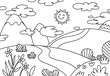 Coloring Pages of Meadow with a backdrop of grasslands, mountains and trees, sun smiled.