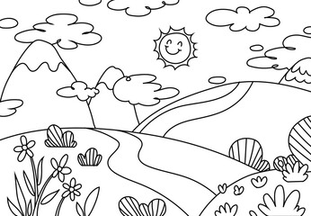 Coloring Pages of Meadow with a backdrop of grasslands, mountains and trees, sun smiled.