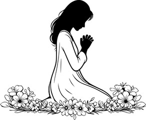 Silhouette woman praying with decorative flower background  