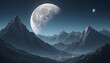 Fantasy alien planet. Mountain and moon. 3D illustration. Generative AI