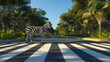 A zebra is standing on a crosswalk in front of a forest