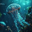 Illustrative background featuring a jellyfish swimming in the ocean, with light filtering through the water to create volumetric rays. Captures the beauty and danger of the jellyfish. AI Integration.