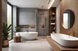 © Inna - modern grey bathroom interior in loft style wood with countertop basin, mirror and shower