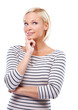 © T. Rose/peopleimages.com - Thinking, idea and woman in studio for decision, brainstorming or solution isolated on a white background. Problem solving, inspiration or blonde person with question, dream or planning future vision