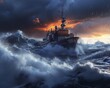 Coast Guard cutter braving sea storm, rescuing from shark waters, dawn light, realistic style , 3D illustration