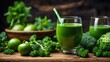 Green vegetable juice in glass among fresh ingredients. Generative AI