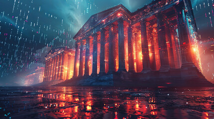 classical architecture is bathed in neon digital rain, creating a fusion of ancient design and futur