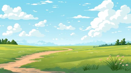 Wall Mural - Nature Landscape with Blue Sky. Nature landscape with blue sky clouds wallpaper. Cartoon illustration of a road in a field with blue sky and clouds.