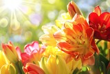 Fototapeta Tulipany - Radiant Spring Blooms: A Field of Vivid Tulips Bathed in Sunlight