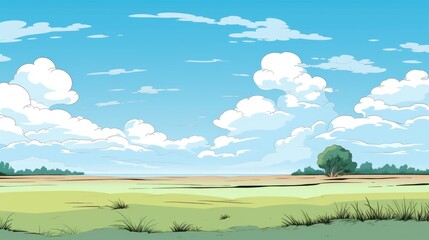 Grass Field landscape with blue sky and white cloud. Blue sky clouds sunny day wallpaper. Cartoon illustration of a Grass Field with blue sky in Summer. green field in a day.