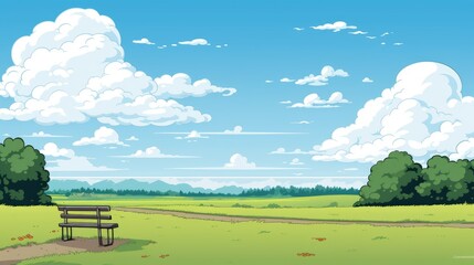 Grass Field landscape with blue sky and white cloud. Blue sky clouds sunny day wallpaper. Cartoon illustration of a Grass Field with blue sky in Summer. green field in a day.