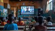 African school children attentively watching a television screen showing an educational program in a rural classroom setting.