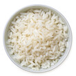 Cooked white rice in a white ceramic bowl isolated on white from above.