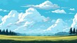 Grass Field landscape with blue sky and white cloud. Blue sky clouds sunny day wallpaper. illustration of a Grass Field with blue sky. green field in a day. 