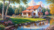 Beautiful idyllic view, oil painting of house and beautiful trees covered with flowers.