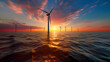offshore wind park: wind turbines at sunset with wind miles in the water of the ocean