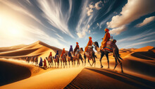 Striking Scene Depicting A Traditional Desert Caravan. Focus On A Group Of Turbaned Individuals Leading A Line Of Decorated Camels