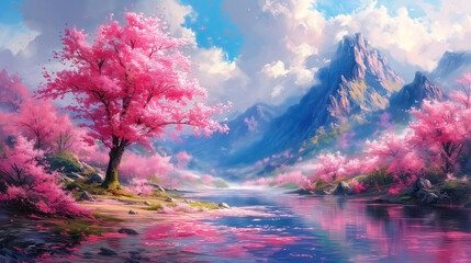Wall Mural - Oil painting spring spring landscape of blooming cherry trees, beautiful pink sakura trees in the forest