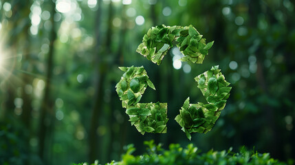 Wall Mural - Recycling icon made of green leaves on green forest background