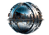 Futuristic metallic chrome texture planet or sphere isolated on transparent background.