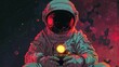 in comic book style, an astronaut plays a video game in space