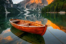 Boats Waiting For Tourist Rent In Braies Lake In Dolomites Alps. Scenic Morning Lake And Mountains Background.