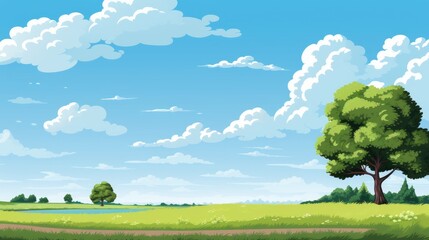 grass field landscape with blue sky and white cloud. blue sky clouds sunny day wallpaper. cartoon il