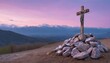 A wooden cross on a pile of rocks