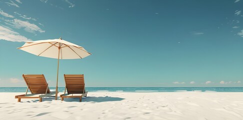 Wall Mural - Two beach beds, umbrella and white sand on tropical sea shore in summer, Banner with copy space for text.