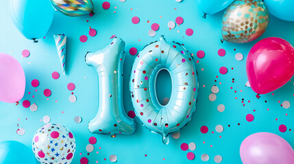 birthday balloon in the shape of the number 10 with confetti