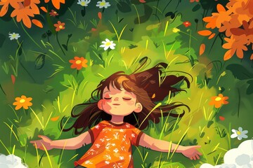 Wall Mural - The girl lies on a beautiful meadow, the sun is shining. Cartoon style illustration