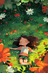 Wall Mural - The girl lies on a beautiful meadow, the sun is shining. Cartoon style illustration