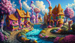 Illustration of a village made of candy and cotton candy, colorful with houses made of confectionery delights and a flowing river