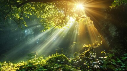 Beautiful rays of sunlight in a green forest