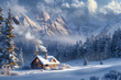 A cozy cabin nestled in a snowy mountain valley, smoke billowing from the chimney, surrounded by pine trees dusted with snow, inviting viewers to experience the warmth and comfort of winter solitude